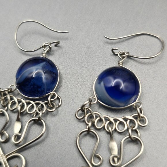 VTG Blue Glass Chandelier Dangle Earrings 3" Silver Tone Wirework Boho Drop - Picture 3 of 6